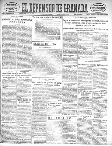 'El Defensor de Granada  : diario político independiente' - Año LVI Número 29796 Ed. Mañana - 1935 Marzo 24