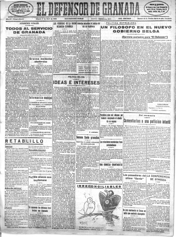 'El Defensor de Granada  : diario político independiente' - Año LVI Número 29818 Ed. Mañana - 1935 Abril 06