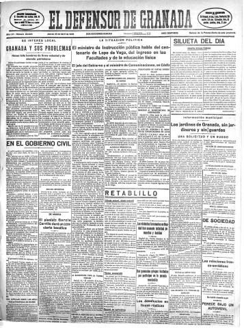 'El Defensor de Granada  : diario político independiente' - Año LVI Número 29848 Ed. Mañana - 1935 Abril 25