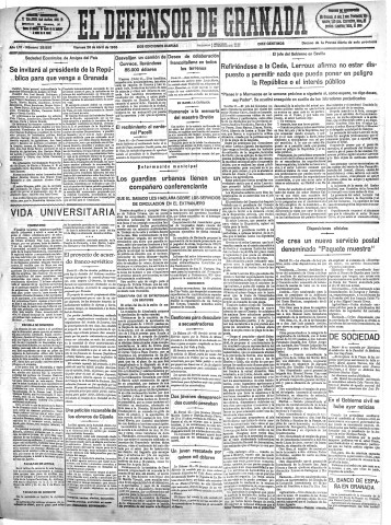 'El Defensor de Granada  : diario político independiente' - Año LVI Número 29850 Ed. Mañana - 1935 Abril 26