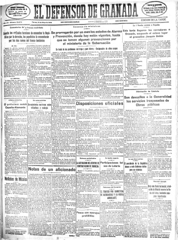 'El Defensor de Granada  : diario político independiente' - Año LVI Número 29873 Ed. Tarde - 1935 Mayo 10