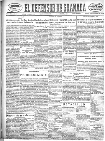 'El Defensor de Granada  : diario político independiente' - Año LVI Número 29915 Ed. Mañana - 1935 Junio 05