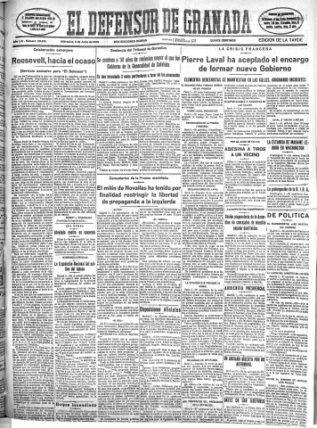 'El Defensor de Granada  : diario político independiente' - Año LVI Número 29916 Ed. Tarde - 1935 Junio 05