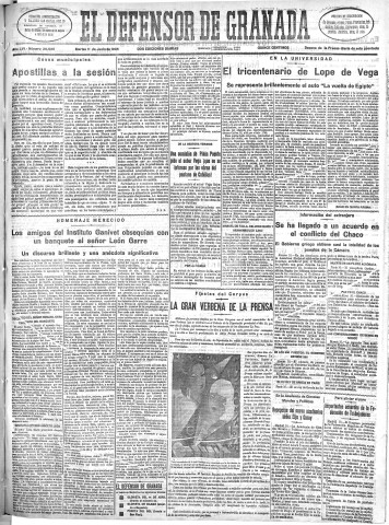 'El Defensor de Granada  : diario político independiente' - Año LVI Número 29925 Ed. Mañana - 1935 Junio 11