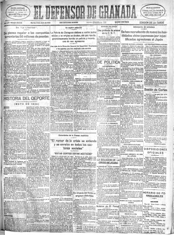 'El Defensor de Granada  : diario político independiente' - Año LVI Número 29942 Ed. Tarde - 1935 Junio 18