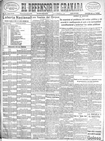 'El Defensor de Granada  : diario político independiente' - Año LVI Número 29945 Ed. Tarde - 1935 Junio 21