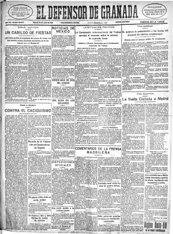 'El Defensor de Granada  : diario político independiente' - Año LVI Número 29947 Ed. Tarde - 1935 Junio 22