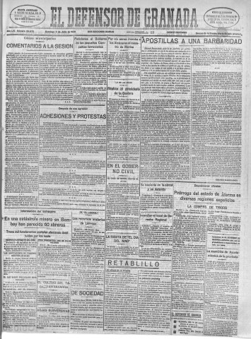 'El Defensor de Granada  : diario político independiente' - Año LVI Número 29972 Ed. Mañana - 1935 Julio 07