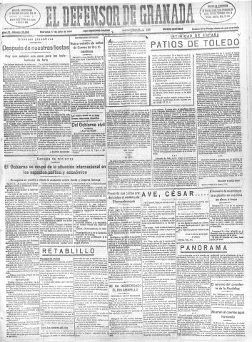 'El Defensor de Granada  : diario político independiente' - Año LVI Número 29988 Ed. Mañana - 1935 Julio 17