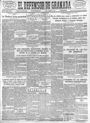 'El Defensor de Granada  : diario político independiente' - Año LVI Número 29996 Ed. Mañana - 1935 Julio 21