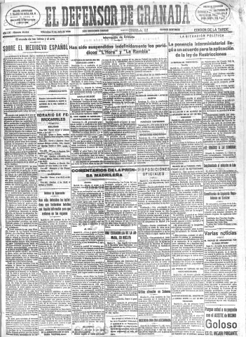 'El Defensor de Granada  : diario político independiente' - Año LVI Número 30013 Ed. Tarde - 1935 Julio 31