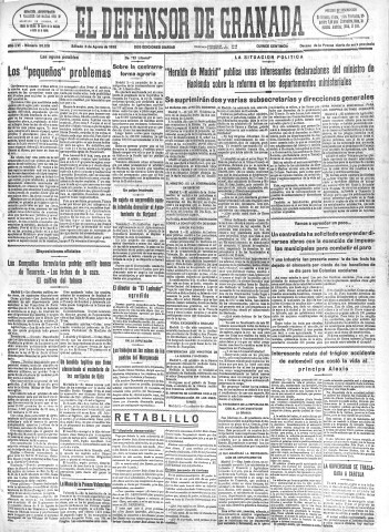 'El Defensor de Granada  : diario político independiente' - Año LVI Número 30018 Ed. Mañana - 1935 Agosto 03