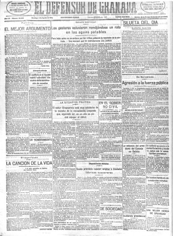 'El Defensor de Granada  : diario político independiente' - Año LVI Número 30020 Ed. Mañana - 1935 Agosto 04