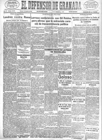 'El Defensor de Granada  : diario político independiente' - Año LVI Número 30029 Ed. Tarde - 1935 Agosto 09