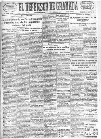 'El Defensor de Granada  : diario político independiente' - Año LVI Número 30043 Ed. Tarde - 1935 Agosto 19