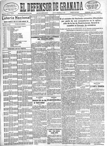 'El Defensor de Granada  : diario político independiente' - Año LVI Número 30047 Ed. Tarde - 1935 Agosto 21