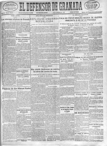 'El Defensor de Granada  : diario político independiente' - Año LVI Número 30074 Ed. Mañana - 1935 Septiembre 06