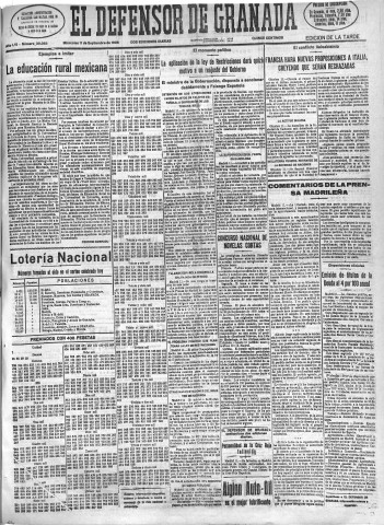 'El Defensor de Granada  : diario político independiente' - Año LVI Número 30083 Ed. Tarde - 1935 Septiembre 11