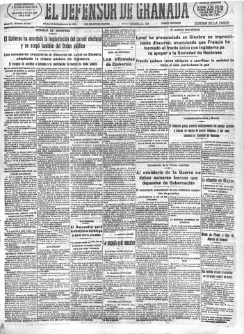 'El Defensor de Granada  : diario político independiente' - Año LVI Número 30087 Ed. Tarde - 1935 Septiembre 13