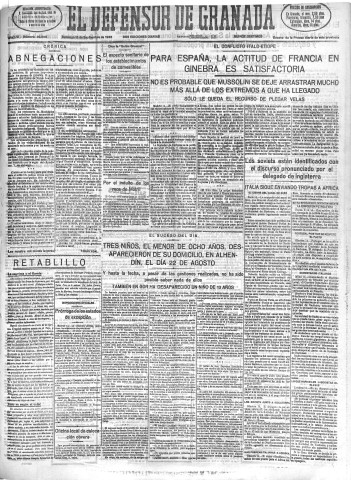 'El Defensor de Granada  : diario político independiente' - Año LVI Número 30090 Ed. Mañana - 1935 Septiembre 15
