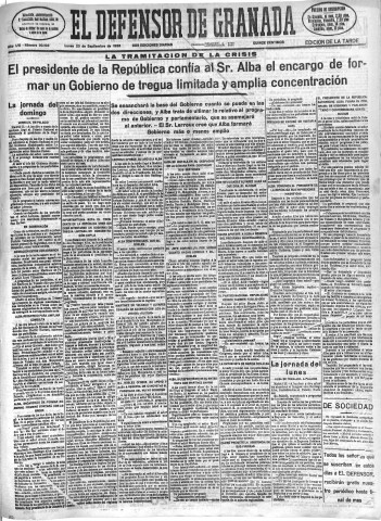 'El Defensor de Granada  : diario político independiente' - Año LVI Número 30103 Ed. Tarde - 1935 Septiembre 23