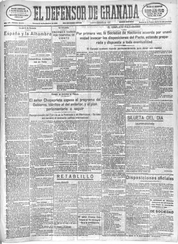 'El Defensor de Granada  : diario político independiente' - Año LVI Número 30110 Ed. Mañana - 1935 Septiembre 27