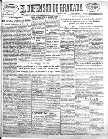 'El Defensor de Granada  : diario político independiente' - Año LVI Número 30120 Ed. Mañana - 1935 Octubre 03
