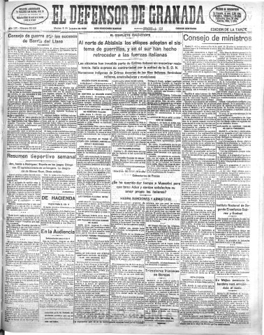 'El Defensor de Granada  : diario político independiente' - Año LVI Número 30129 Ed. Tarde - 1935 Octubre 08