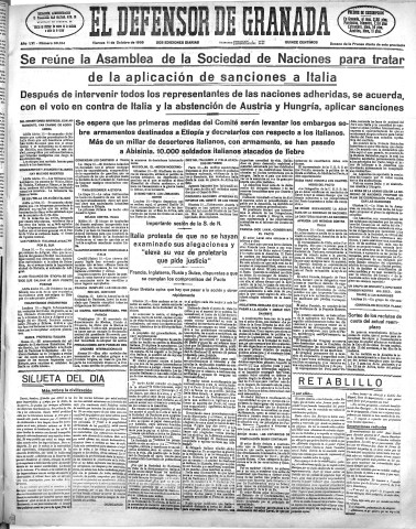 'El Defensor de Granada  : diario político independiente' - Año LVI Número 30134 Ed. Mañana - 1935 Octubre 11