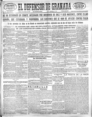 'El Defensor de Granada  : diario político independiente' - Año LVI Número 30136 Ed. Mañana - 1935 Octubre 12