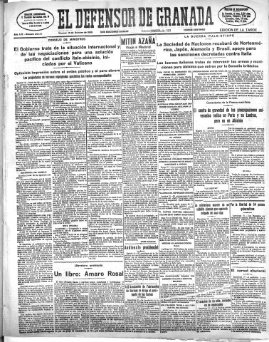 'El Defensor de Granada  : diario político independiente' - Año LVI Número 30147 Ed. Tarde - 1935 Octubre 18