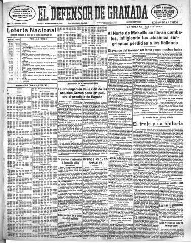 'El Defensor de Granada  : diario político independiente' - Año LVI Número 30171 Ed. Tarde - 1935 Noviembre 01