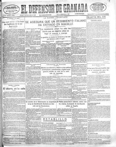 'El Defensor de Granada  : diario político independiente' - Año LVI Número 30182 Ed. Mañana - 1935 Noviembre 08
