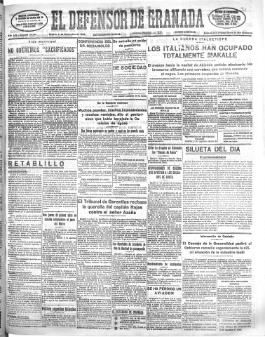 'El Defensor de Granada  : diario político independiente' - Año LVI Número 30184 Ed. Mañana - 1935 Noviembre 09