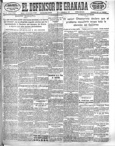 'El Defensor de Granada  : diario político independiente' - Año LVI Número 30185 Ed. Tarde - 1935 Noviembre 09