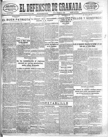 'El Defensor de Granada  : diario político independiente' - Año LVI Número 30191 Ed. Mañana - 1935 Noviembre 14