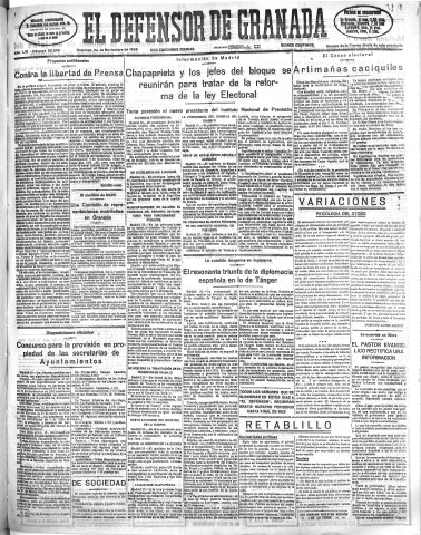 'El Defensor de Granada  : diario político independiente' - Año LVI Número 30209 Ed. Mañana - 1935 Noviembre 24