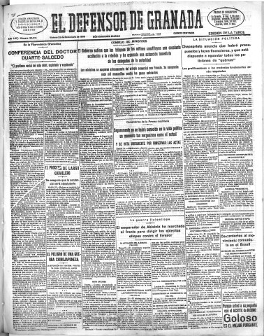 'El Defensor de Granada  : diario político independiente' - Año LVI Número 30218 Ed. Tarde - 1935 Noviembre 29