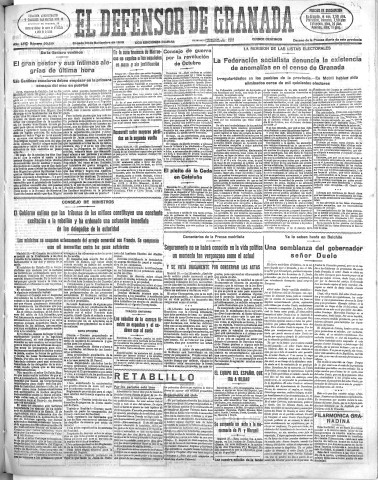 'El Defensor de Granada  : diario político independiente' - Año LVI Número 30219 Ed. Mañana - 1935 Noviembre 30