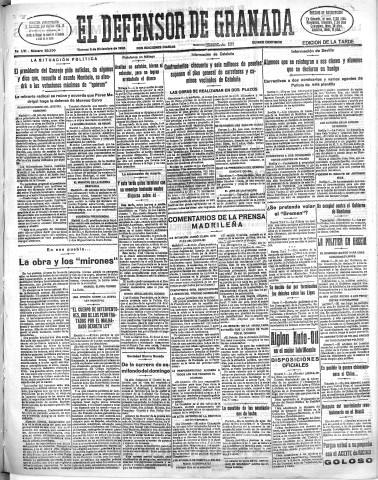 'El Defensor de Granada  : diario político independiente' - Año LVI Número 30230 Ed. Tarde - 1935 Diciembre 06