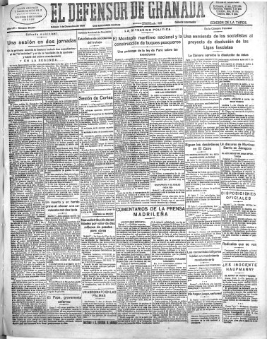 'El Defensor de Granada  : diario político independiente' - Año LVI Número 30231 Ed. Tarde - 1935 Diciembre 07