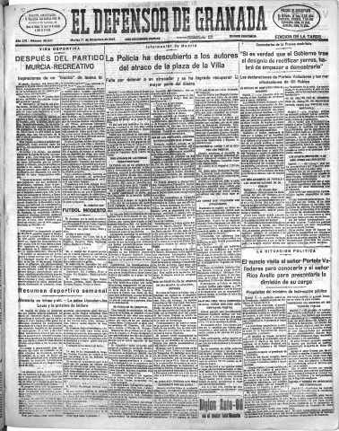 'El Defensor de Granada  : diario político independiente' - Año LVI Número 30247 Ed. Tarde - 1935 Diciembre 17