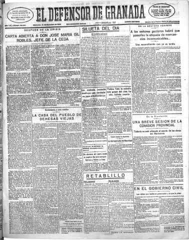 'El Defensor de Granada  : diario político independiente' - Año LVI Número 30248 Ed. Mañana - 1935 Diciembre 18