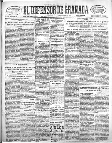 'El Defensor de Granada  : diario político independiente' - Año LVI Número 30251 Ed. Tarde - 1935 Diciembre 19