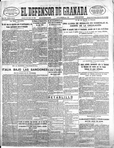 'El Defensor de Granada  : diario político independiente' - Año LVII Número 30272 Ed. Mañana - 1936 Enero 02