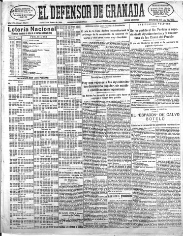 'El Defensor de Granada  : diario político independiente' - Año LVII Número 30273 Ed. Tarde - 1936 Enero 02