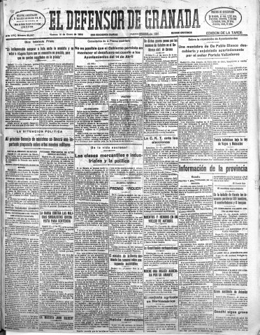 'El Defensor de Granada  : diario político independiente' - Año LVII Número 30287 Ed. Tarde - 1936 Enero 10