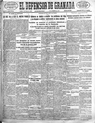 'El Defensor de Granada  : diario político independiente' - Año LVII Número 30299 Ed. Tarde - 1936 Enero 17