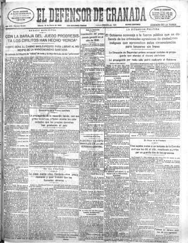 'El Defensor de Granada  : diario político independiente' - Año LVII Número 30301 Ed. Tarde - 1936 Enero 18