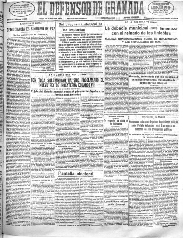 'El Defensor de Granada  : diario político independiente' - Año LVII Número 30307 Ed. Mañana - 1936 Enero 23